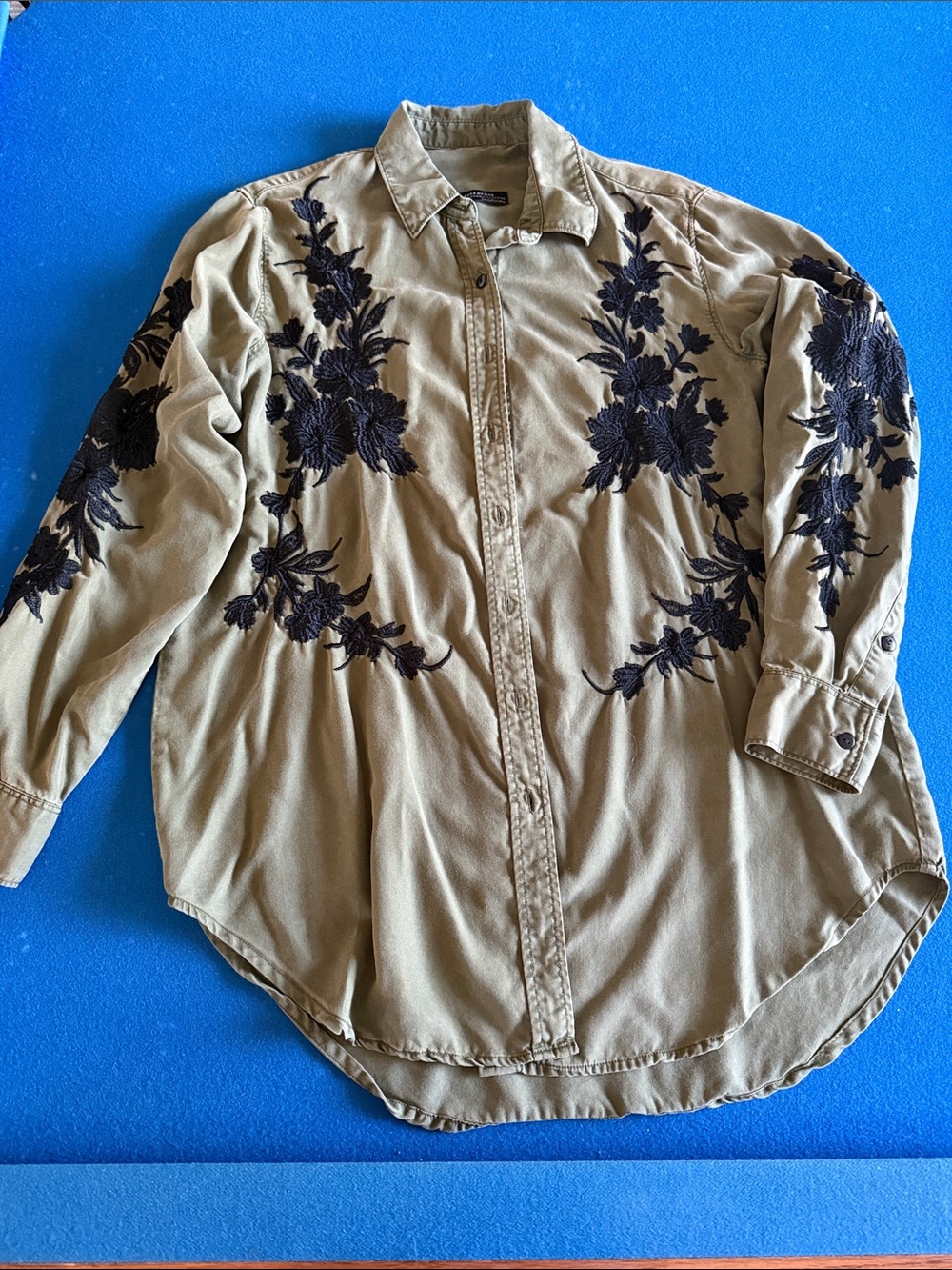 Olive Green Embroidered Women’s Button-Up Shirt